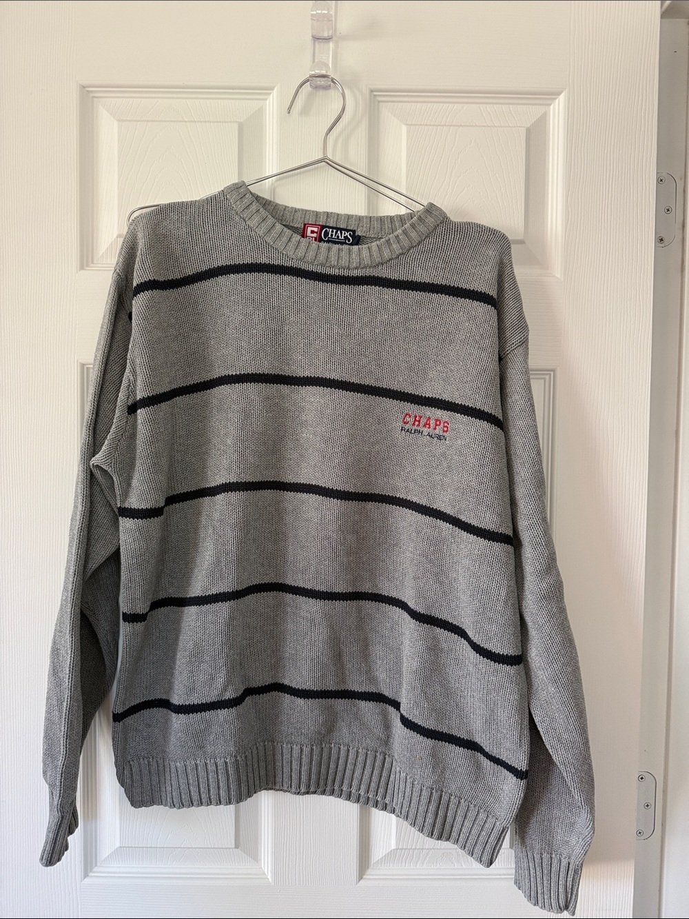 Chaps Gray Crewneck Sweater with Black Stripes and Red Logo
